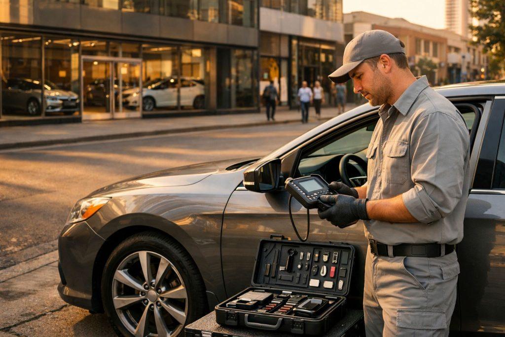 Automotive locksmith programming a car key on the street